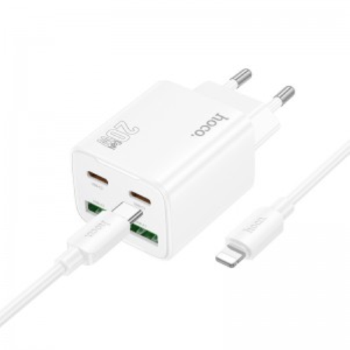 HOCO N55 SET Caricabatteria da Casa PD 20W con 2x Ingressi USB-C e 2x ingressi USB-A e Cavetto USB-C to Lightning - Bianco