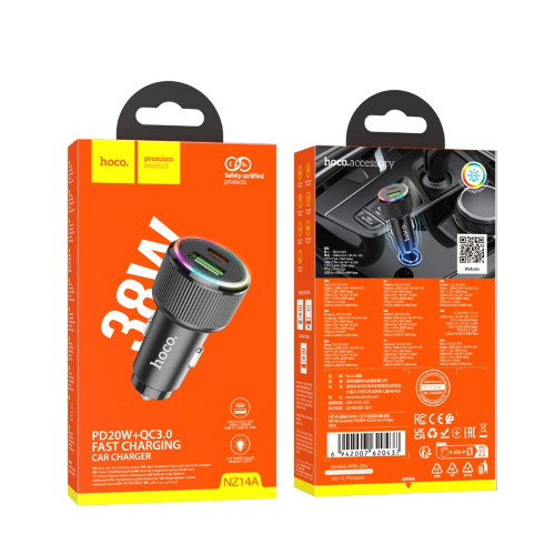 HOCO NZ14A Caricabatteria da Auto con Ingresso Type-C PD 38W e USB-A QC 3.0
