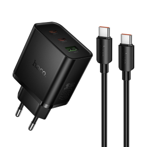 HOCO N75 Kit Caricabatteria da Casa High Power 65W GaN con 2x Ingressi USB-C e 1x USB-A 30W e Cavetto USB-C to USB-C Incluso - Nero
