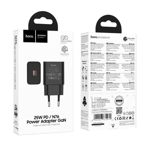 HOCO N76 Caricabatteria da Casa con Ingresso USB-C PD 25W GaN - Nero