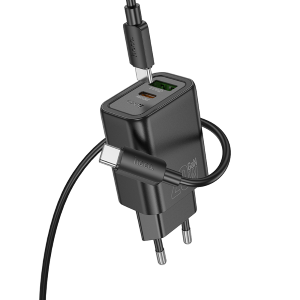 HOCO N61 SET Caricabatteria da Casa GaN con Ingresso USB-C PD 20W e USB-A QC 3.0 e Cavetto Cavetto USB-C to USB-C - Nero