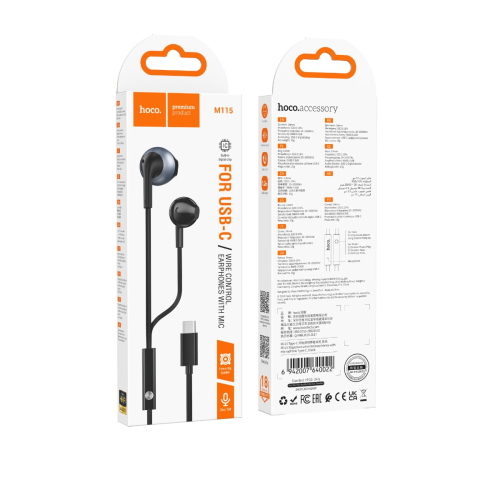 HOCO M115 Auricolare a Filo con Connettore Type-C, Cuffiette a Capsula e Cavo Piatto - Nero