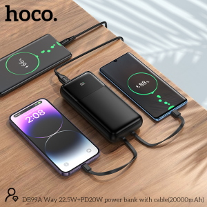 HOCO DB99A Power Bank da 20000mAh PD 22.5W con Display e Cavo Integrato USB-C e Lightning - Nero